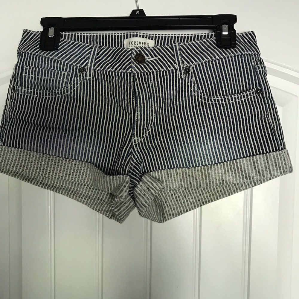 Blue and White Striped Denim Shorts